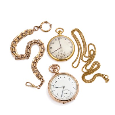 Lot 579 - TWO OPEN FACED POCKET WATCHES WITH CHAINS