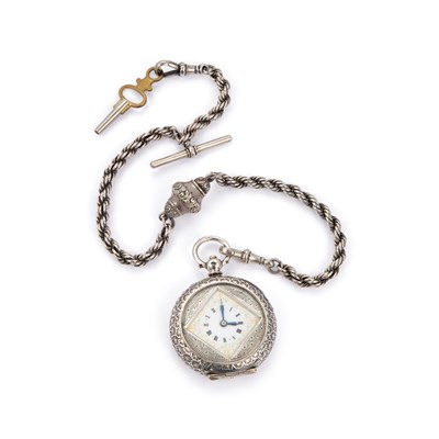 Lot 590 - A SILVER FOB WATCH AND CHAIN