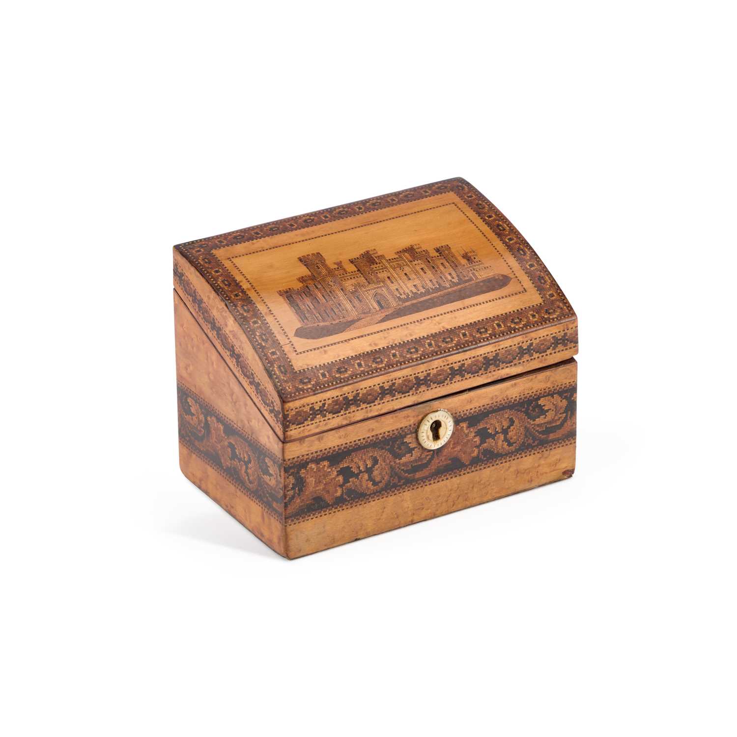 Lot 117 - A VICTORIAN BIRDS EYE MAPLE AND TUNBRIDGE WARE STATIONERY BOX