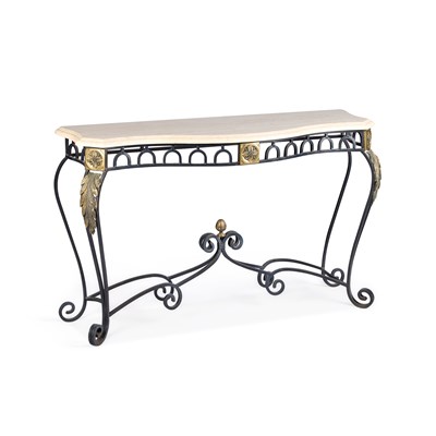 Lot 1083 - A CONTEMPORARY MARBLE-TOPPED, PARCEL-GILT AND WROUGHT IRON CONSOLE TABLE