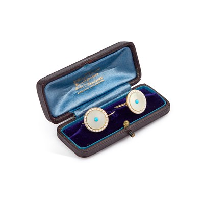 Lot 744 - A PAIR OF MOTHER-OF-PEARL, TURQUOISE AND ENAMEL EARRINGS