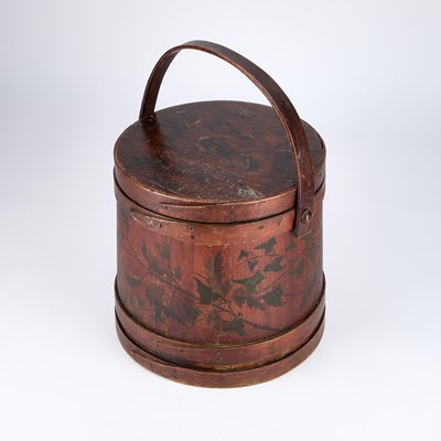 Lot 212 - A PAINTED PINE FIRKIN, 19TH/ 20TH CENTURY, LABEL OF WILLIAM WHITELEY, WESTBOURNE GROVE, LONDON