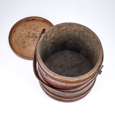 Lot 212 - A PAINTED PINE FIRKIN, 19TH/ 20TH CENTURY, LABEL OF WILLIAM WHITELEY, WESTBOURNE GROVE, LONDON
