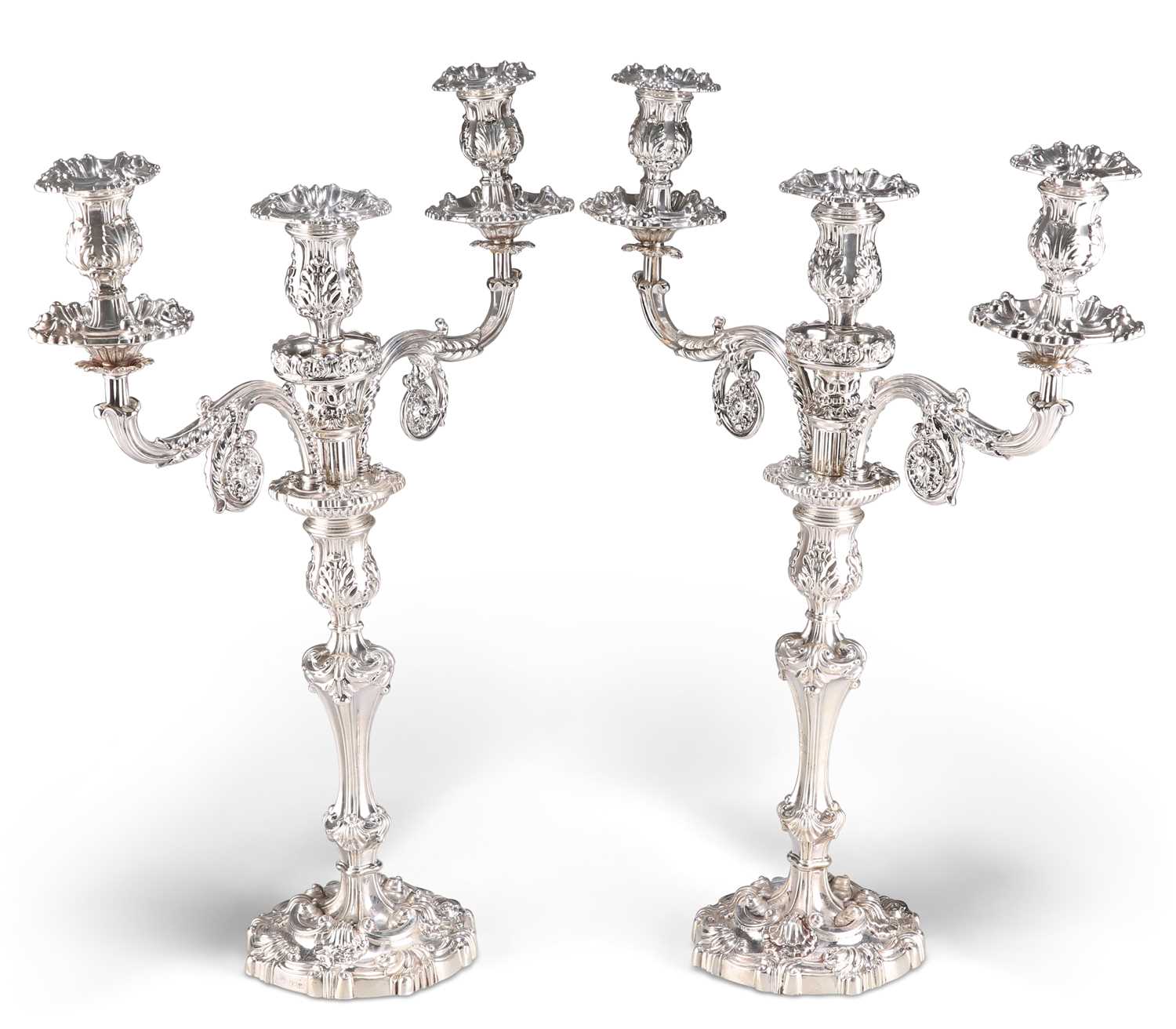 Lot 1366 - A FINE PAIR OF GEORGE IV SILVER THREE-LIGHT CANDELABRA