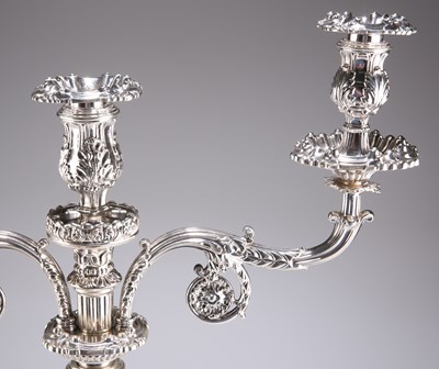 Lot 1366 - A FINE PAIR OF GEORGE IV SILVER THREE-LIGHT CANDELABRA