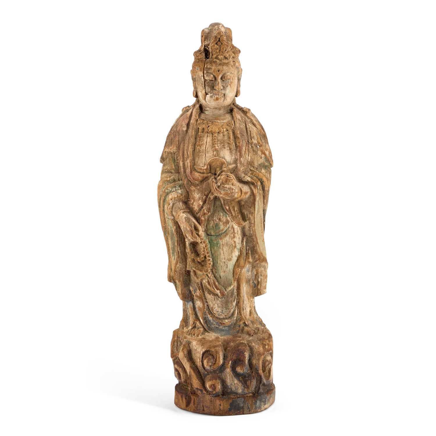 Lot A LARGE CARVED WOODEN FIGURE OF GUANYIN