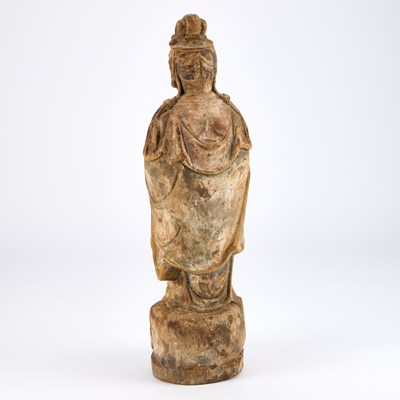 Lot A LARGE CARVED WOODEN FIGURE OF GUANYIN