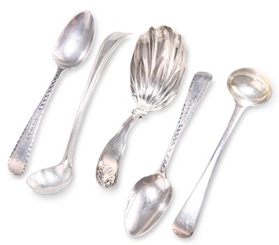 Lot 1109 - AN IRISH SILVER CONDIMENT LADLE, CADDY SPOON, SALT SPOON AND A PAIR OF BRIGHT-CUT TEASPOONS