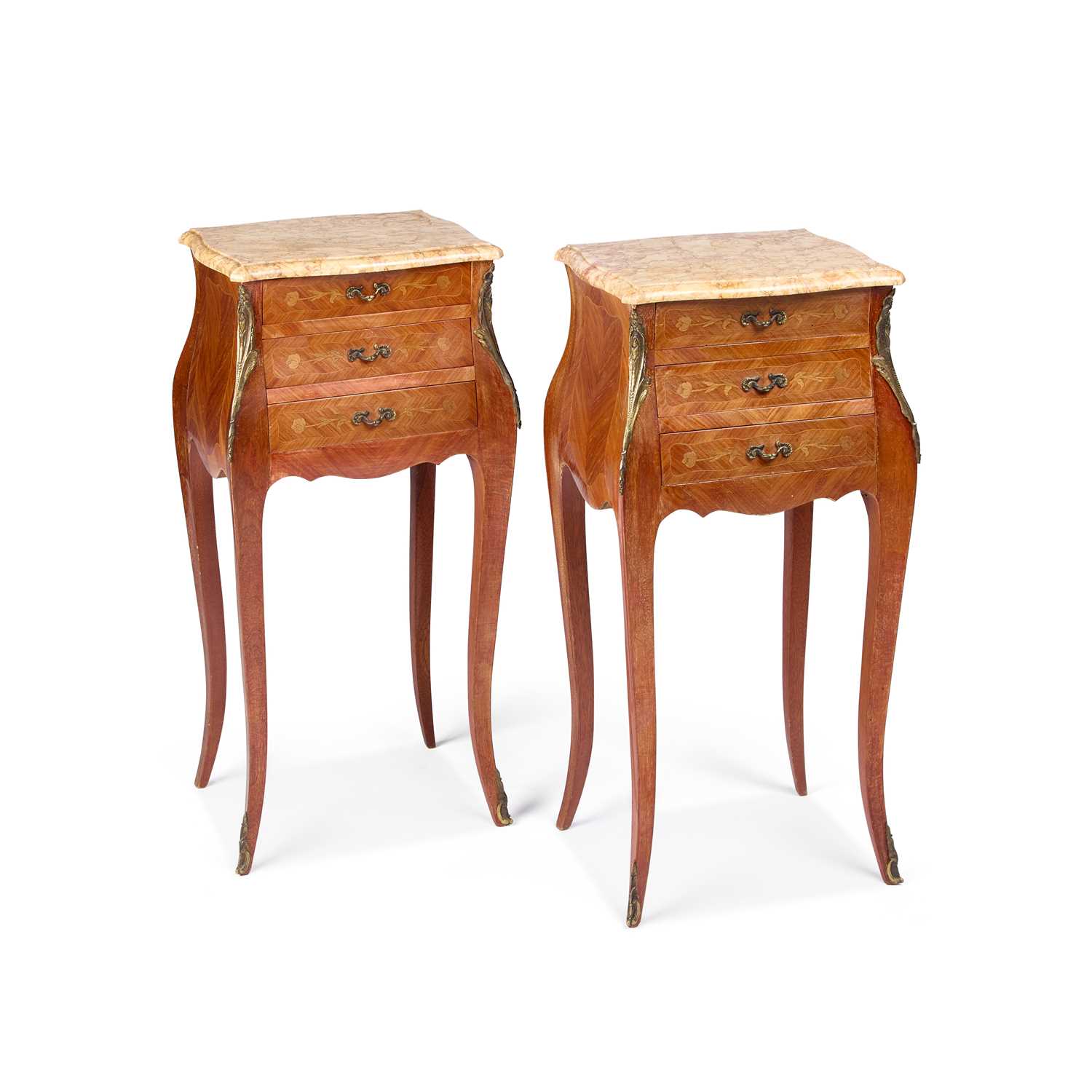 Lot A PAIR OF FRENCH MARBLE-TOPPED AND INLAID THREE-DRAWER CHESTS