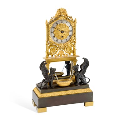 Lot 1244 - A FRENCH BRONZE AND ORMOLU AUTOMATON CLOCK, BY ROBERT, PARIS, NO. 827, FIRST HALF 19TH CENTURY