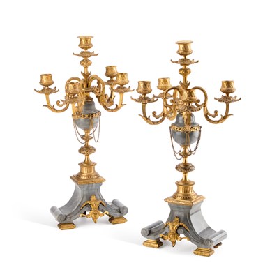 Lot 299 - A PAIR OF LOUIS XVI STYLE GREY MARBLE AND ORMOLU FIVE-LIGHT CANDELABRA