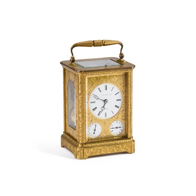 Lot 1251 - A FINE 19TH CENTURY BRASS CASED REPEATING CARRIAGE CLOCK WITH ALARM AND CALENDAR DIAL