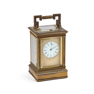 Lot 1247 - A FRENCH BRASS CASED REPEATING CARRIAGE CLOCK, UNSIGNED, CIRCA 1900