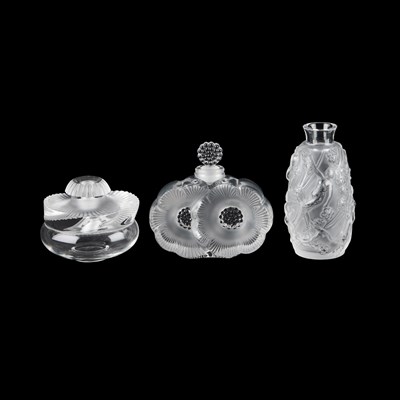 Lot 801 - TWO LALIQUE SCENT BOTTLES AND A LALIQUE BUD VASE