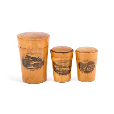 Lot 241 - THREE MAUCHLINE WARE GLASS HOLDERS