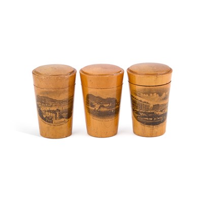 Lot 80 - THREE MAUCHLINE WARE GLASS HOLDERS