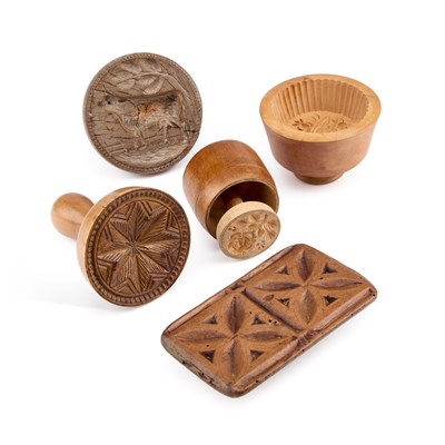 Lot 19 - FIVE TREEN BUTTER STAMPS/ MOULDS