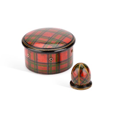 Lot 177 - TARTAN WARE (STUART) REEL BOX AND THIMBLE HOLDER