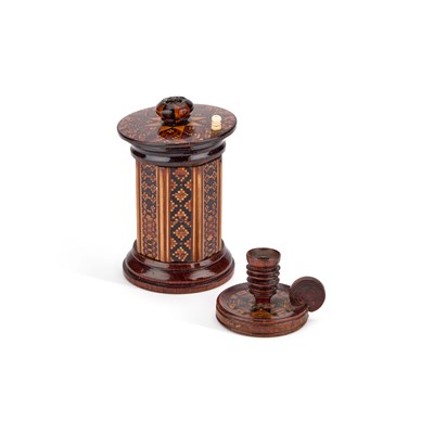 Lot 25 - A VICTORIAN TUNBRIDGE WARE GO TO BED WAX CANDLE HOLDER AND A SEALING WAX CANDLE HOLDER