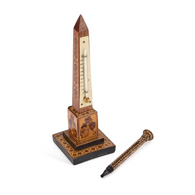 Lot 89 - A VICTORIAN TUNBRIDGE WARE DESK THERMOMETER AND A PROPELLING PENCIL