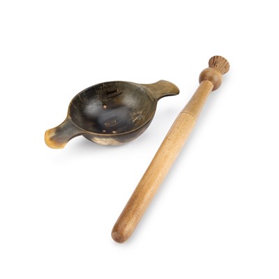 Lot 67 - A SCOTTISH TREEN PORRIDGE STIRRER OR SPURTLE AND A HORN QUAICH