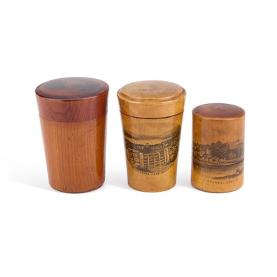 Lot 28 - TWO MAUCHLINE WARE GLASS HOLDERS AND A CYLINDRICAL BOX