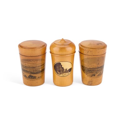 Lot 18 - THREE MAUCHLINE WARE GLASS HOLDERS