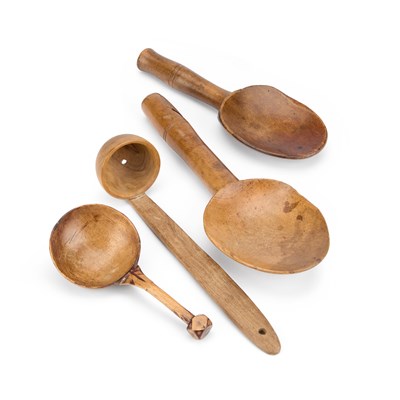 Lot 85 - THREE TREEN SPOONS AND A DIPPING STRAINER