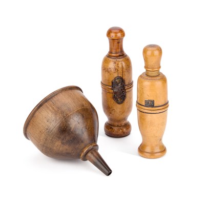 Lot 223 - TWO TREEN BOTTLE CORKERS AND A TREEN BEER FUNNEL