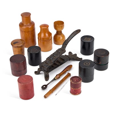 Lot 55 - A GROUP OF APOTHECARY TREEN AND A CAST IRON APOTHECARY CORK PRESS