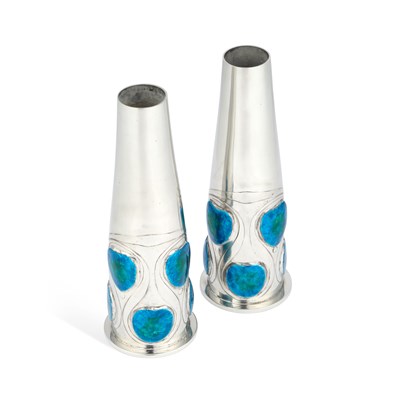 Lot 309 - ARCHIBALD KNOX (1864-1933) FOR LIBERTY & CO, A RARE PAIR OF TUDRIC PEWTER AND ENAMEL VASES