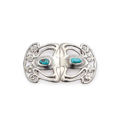 Lot 753 - ARCHIBALD KNOX (1864-1933) FOR LIBERTY & CO, A CYMRIC SILVER AND TURQUOISE MATRIX TWO PIECE BUCKLE