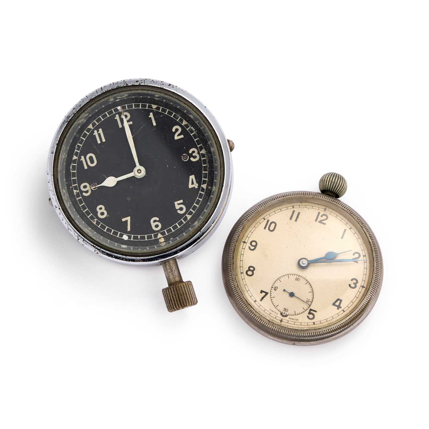 Lot 57 - A MILITARY POCKET WATCH AND A CAR CLOCK