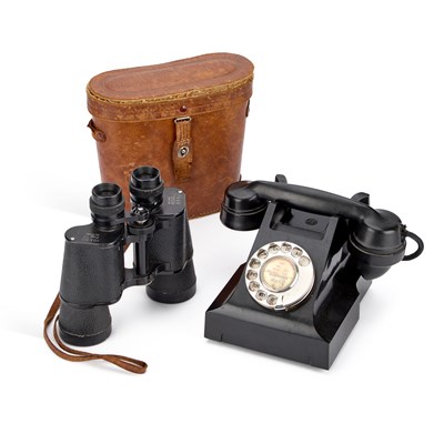 Lot 196 - A PAIR OF CASED OMEGA 10X50 BINOCULARS AND A VINTAGE BLACK BAKELITE AEP TELEPHONE