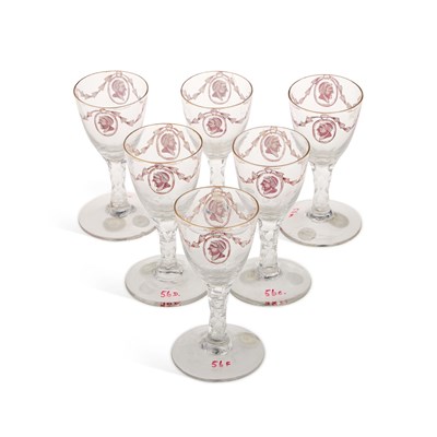 Lot 785 - A SET OF SIX ENAMELLED AND GILT FACET-STEM WINE GLASSES, SECOND HALF 18TH CENTURY