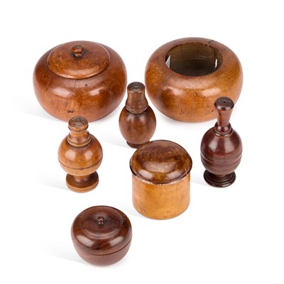 Lot 22 - A GROUP OF TREEN POWDER BOXES AND SHAKERS