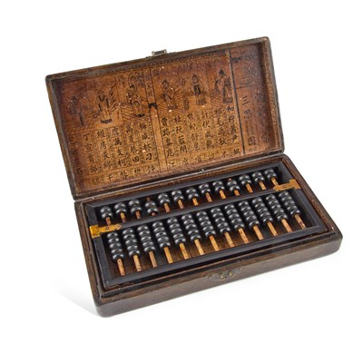 Lot 161 - A CHINESE ABACUS IN A GILT DECORATED LEATHER COVERED BOX