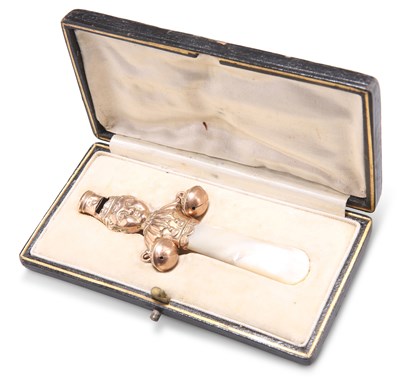 Lot 1477 - A LATE VICTORIAN 9 CARAT GOLD AND MOTHER-OF-PEARL BABY'S RATTLE AND WHISTLE