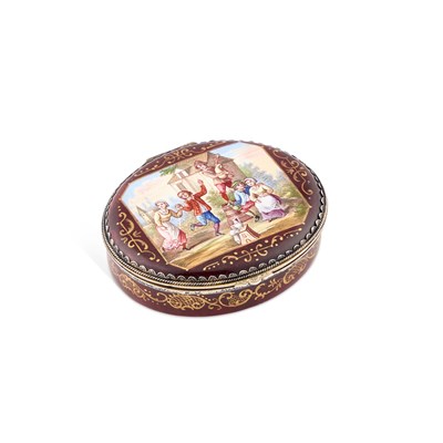 Lot 1051 - A 19TH CENTURY VIENNESE SILVER-GILT AND ENAMEL OVAL BOX