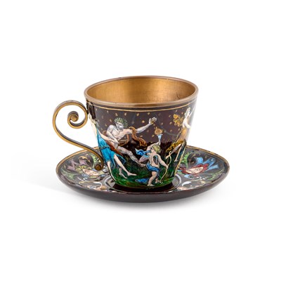 Lot 1025 - A LATE 19TH CENTURY LIMOGES ENAMEL CUP AND SAUCER, IN 16TH CENTURY STYLE