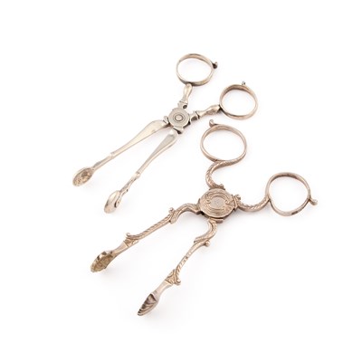 Lot 589 - TWO PAIRS OF GEORGE II SILVER SUGAR TONGS