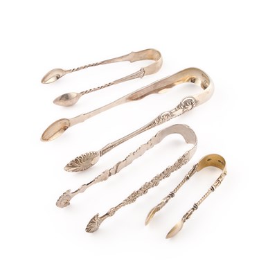 Lot 526 - FOUR PAIRS OF SILVER SUGAR TONGS