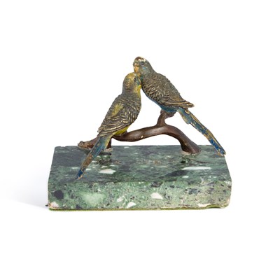 Lot 639 - A COLD-PAINTED BRONZE MODEL OF TWO BUDGERIGARS