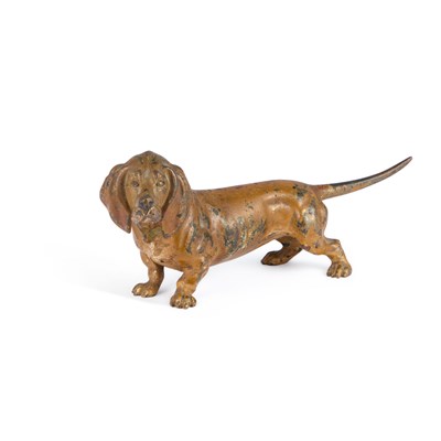 Lot 628 - A COLD-PAINTED BRONZE MODEL OF A DACHSHUND