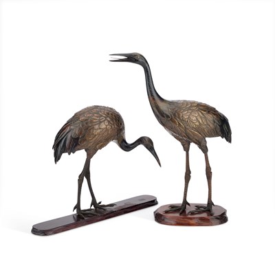 Lot 80 - A PAIR OF JAPANESE BRONZE OKIMONOS OF RED-CAPPED CRANES