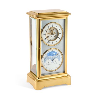 Lot 282 - A LARGE LATE 19TH CENTURY FRENCH BRASS AND FOUR-GLASS MANTEL CLOCK WITH CALENDAR AND MOONPHASE