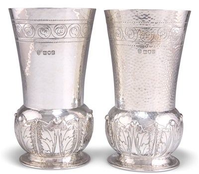 Lot 1257 - A PAIR OF ARTS AND CRAFTS SILVER VASES