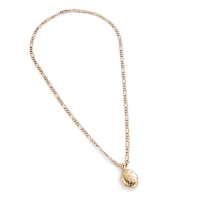 Lot 444 - A 9 CARAT GOLD DIAMOND-SET OVAL LOCKET PENDANT ON A FIGARO CHAIN