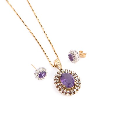 Lot 439 - AN AMETHYST AND DIAMOND CLUSTER PENDANT ON CHAIN AND A PAIR OF NEAR MATCHING EARRINGS