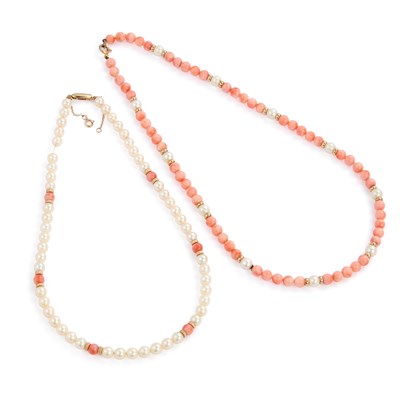 Lot 413 - TWO CULTURED PEARL AND CORAL BEAD NECKLACES